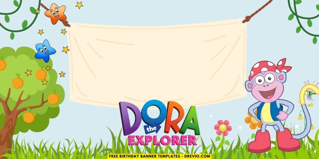 (Free Canva Template) Dora The Explorer Jungle Themed Birthday Backdrop Templates A