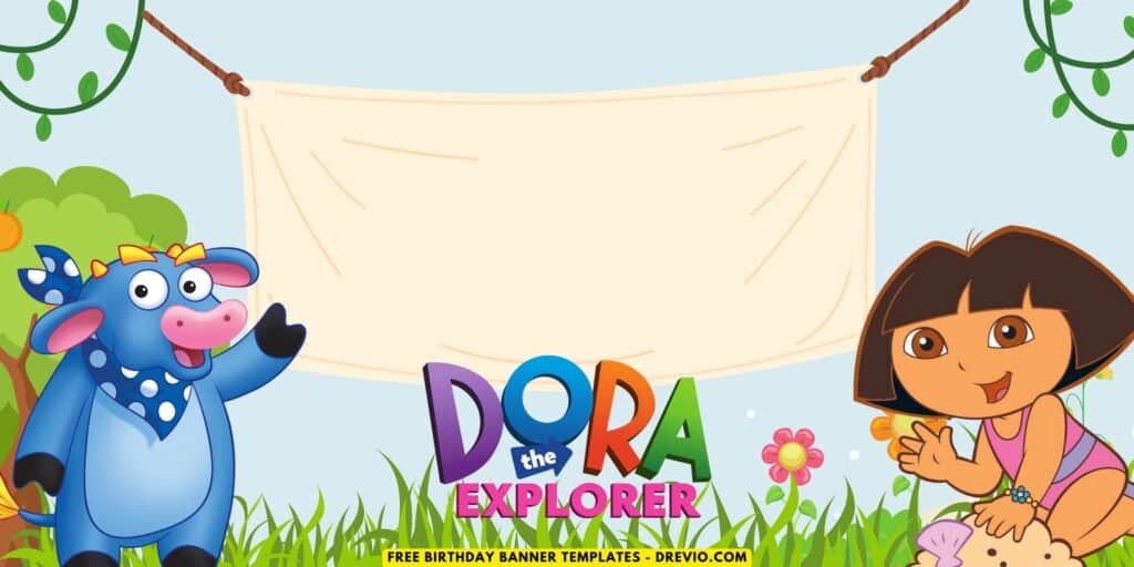 (Free Canva Template) Dora The Explorer Jungle Themed Birthday Backdrop Templates C