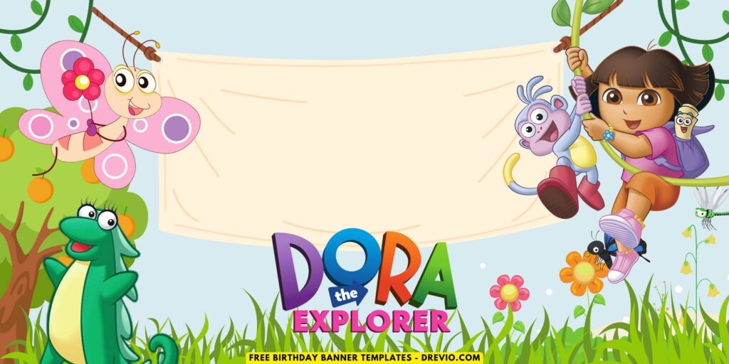 (Free Canva Template) Dora The Explorer Jungle Themed Birthday Backdrop Templates D