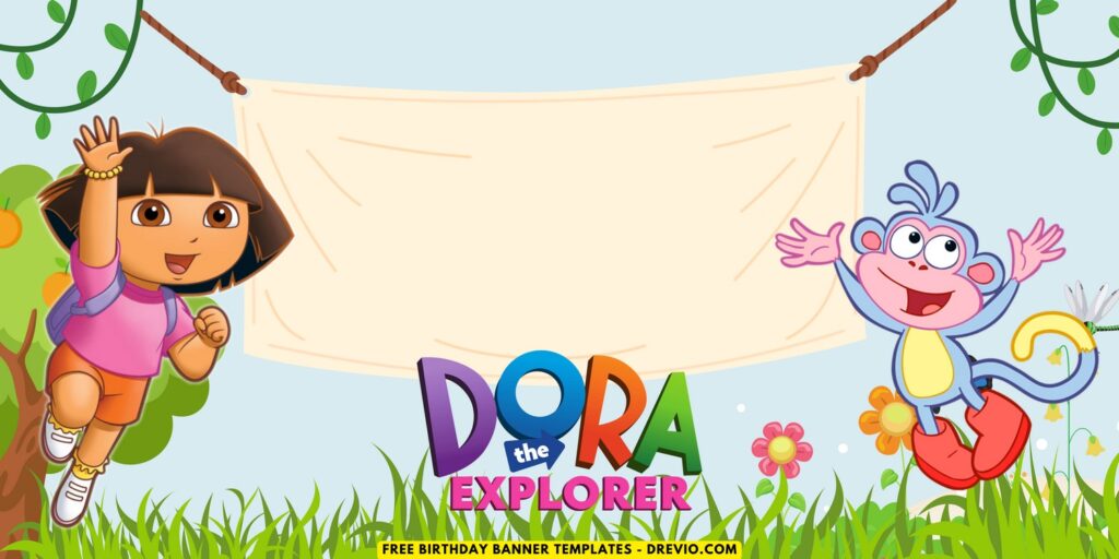 (Free Canva Template) Dora The Explorer Jungle Themed Birthday Backdrop Templates F