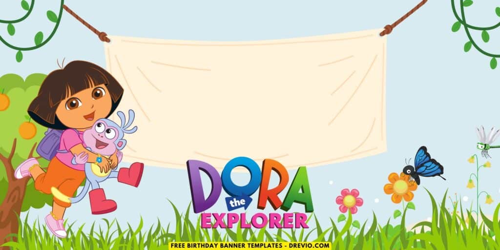 (Free Canva Template) Dora The Explorer Jungle Themed Birthday Backdrop Templates G