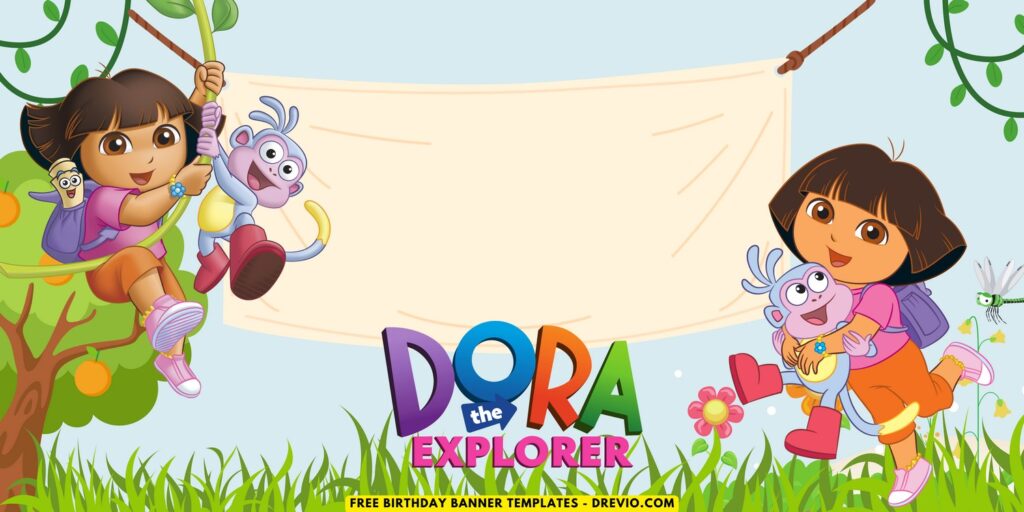 (Free Canva Template) Dora The Explorer Jungle Themed Birthday Backdrop Templates H