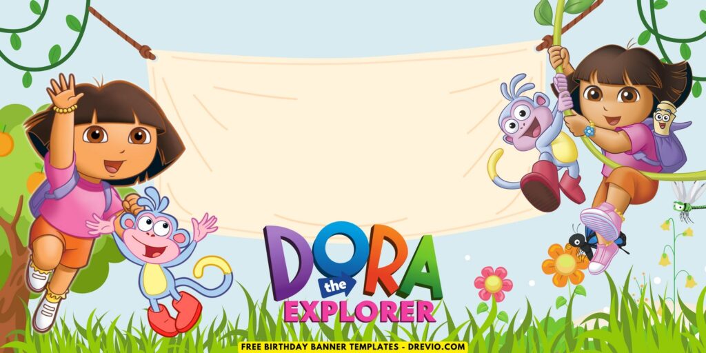 (Free Canva Template) Dora The Explorer Jungle Themed Birthday Backdrop Templates I