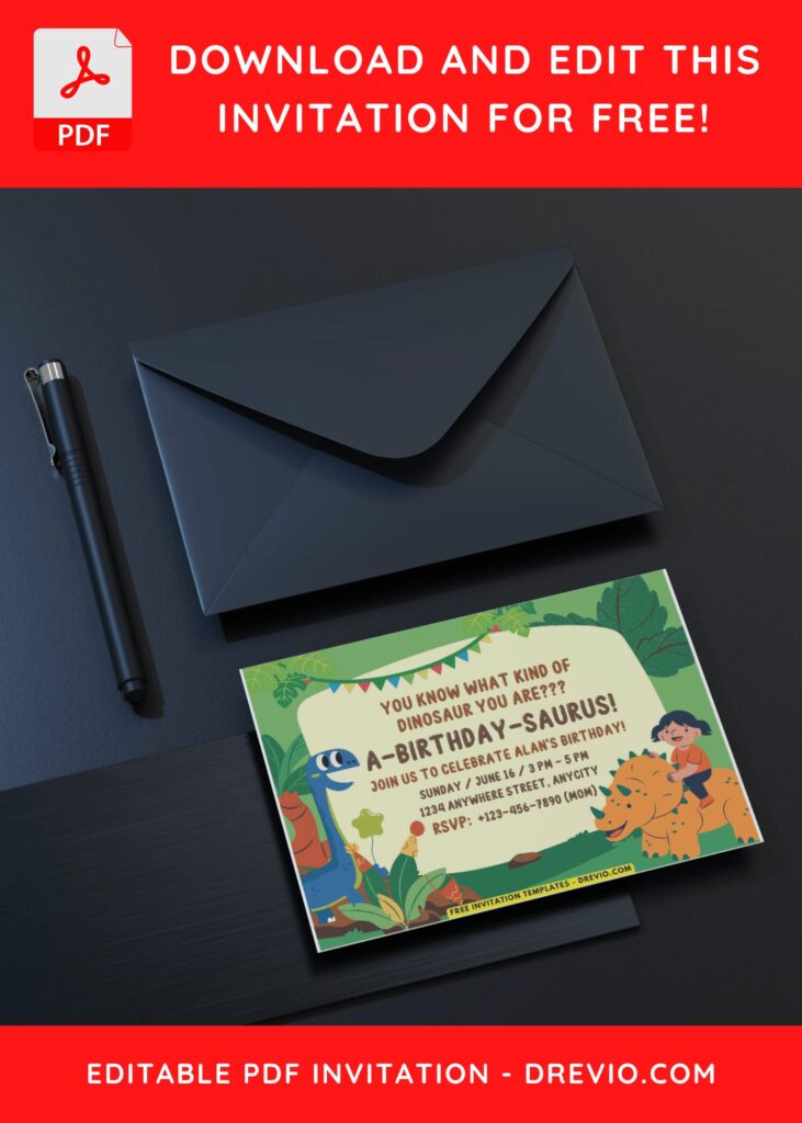 Cute Brachiosaurus and Triceratops Birthday Invitation