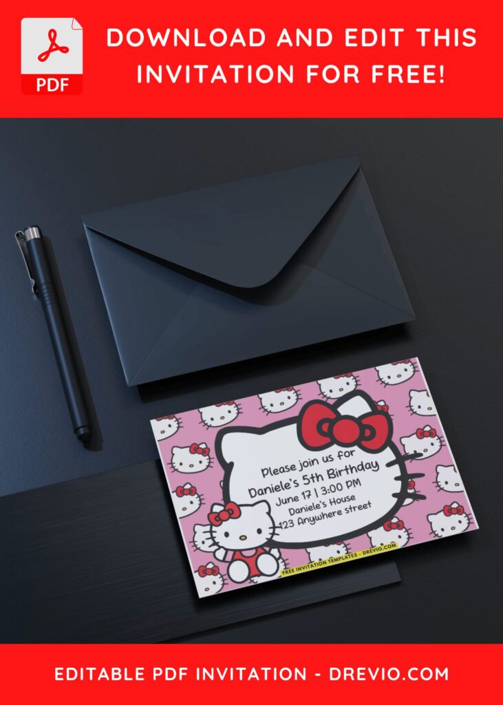 (Free PDF Invitation) Girly Pink Hello Kitty Birthday Invitation with cute Hello Kitty head