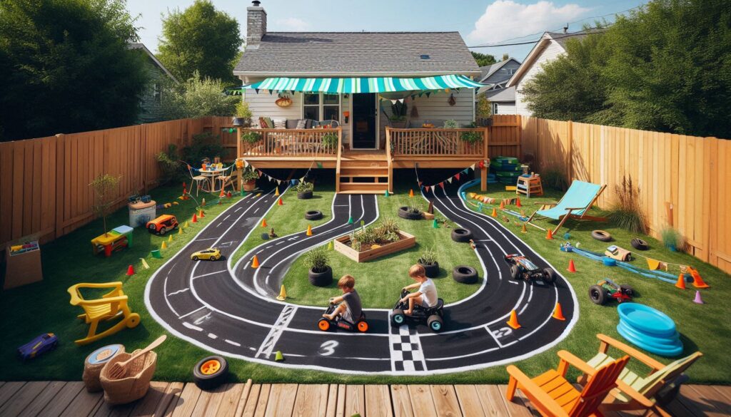 Backyard Race Track with Race flags