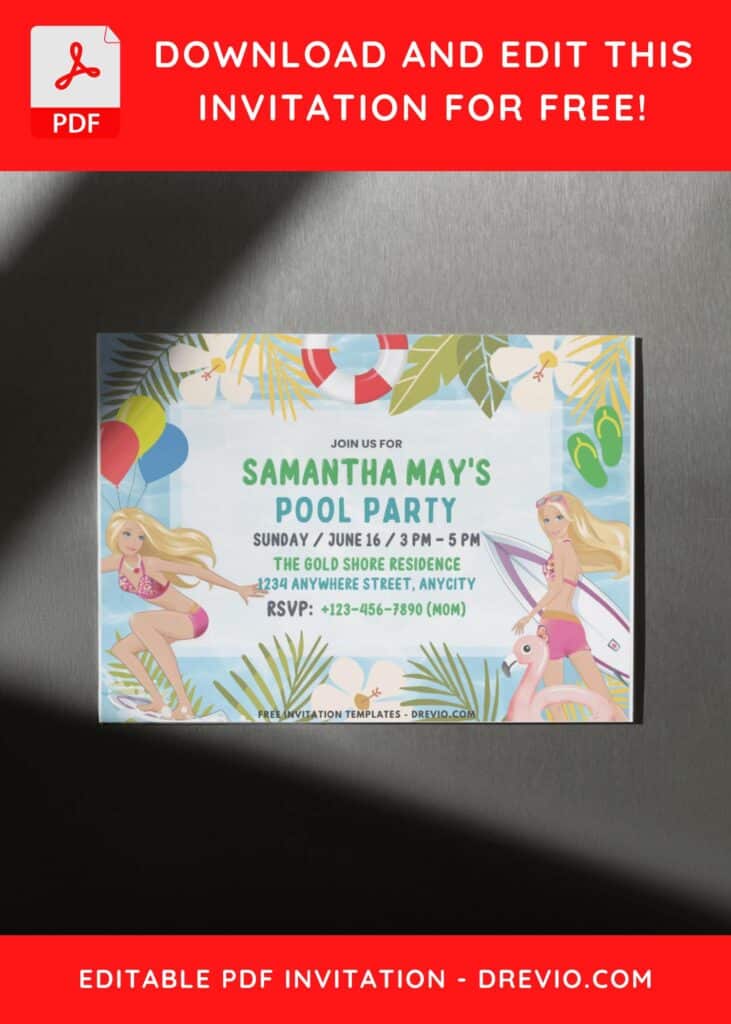 Summer Pool party Barbie Birthday Invitation