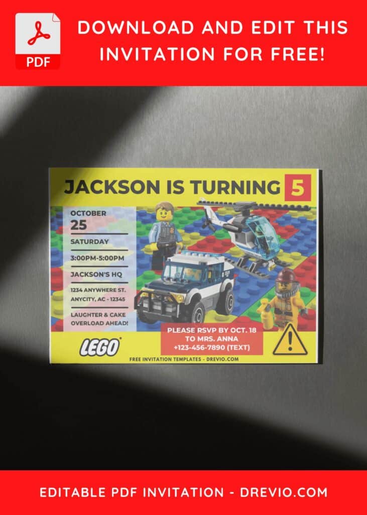 (Free PDF Invitation) Lego Block Birthday Invitation with Lego bricks