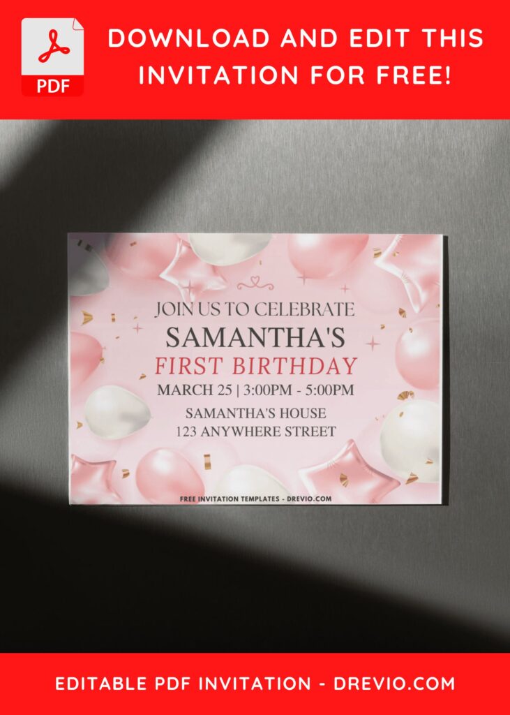 Invitation Template of (Free PDF Invitation) Pastel Pink Balloons Birthday Invitation 1