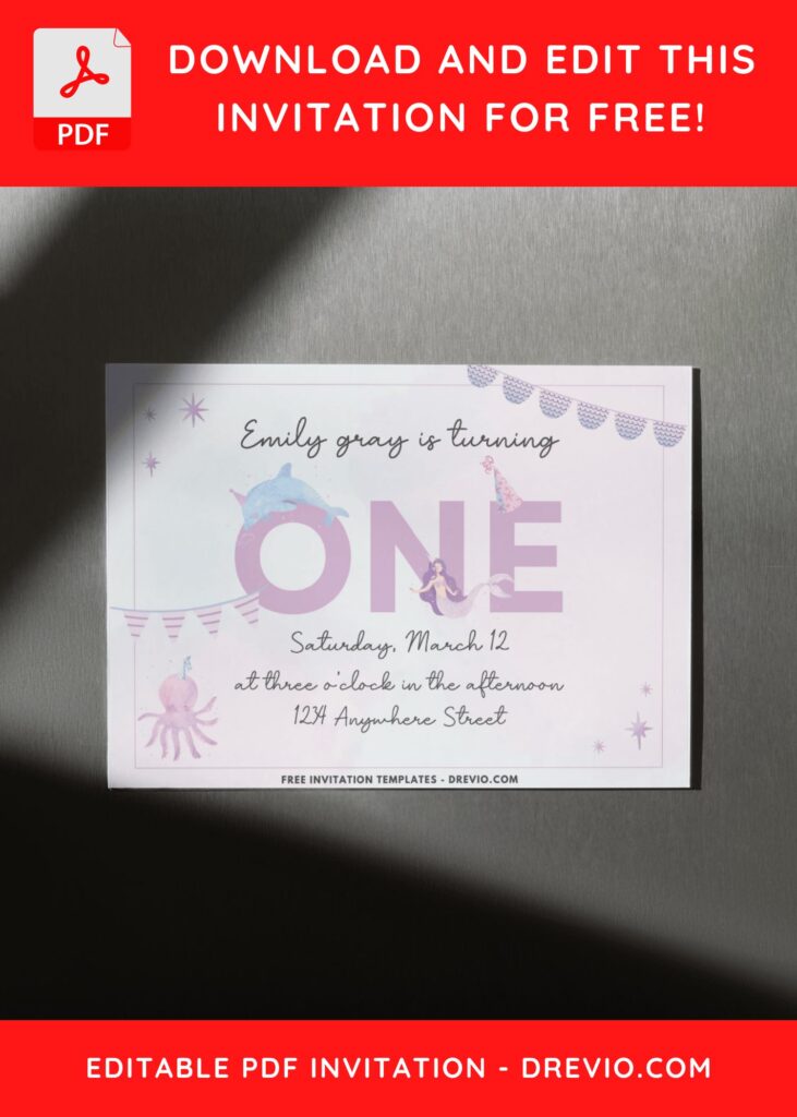 Purple And Pink Mermaid Birthday Invitation with baby octopus