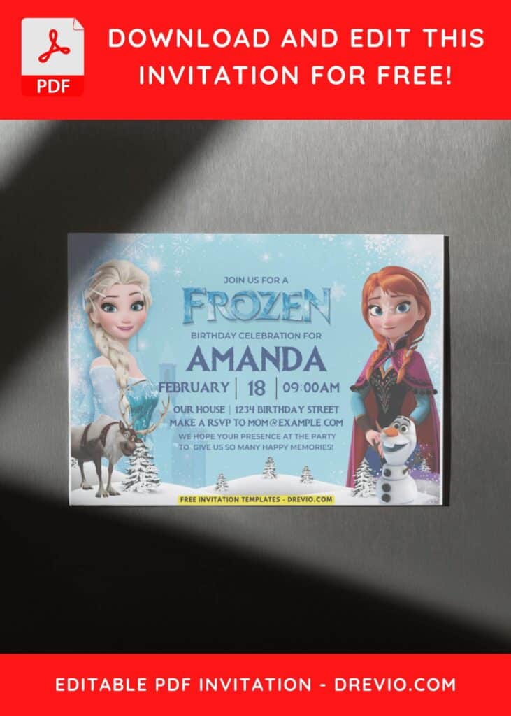 Snowfall Disney Frozen Birthday Invitation with Elsa in stunning white dress