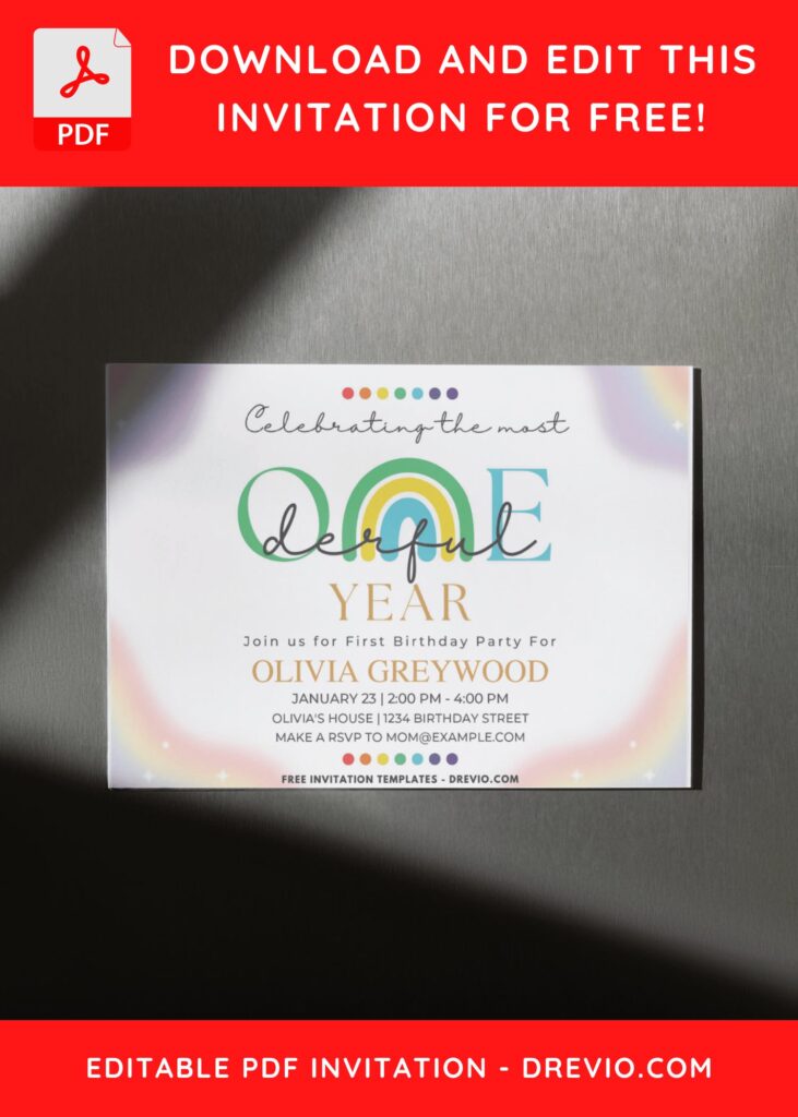 Rainbow ONEDERFUL First Birthday Invitation with rainbow border