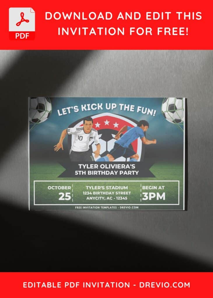 Football Soccer Field Theme Birthday Invitation with black ribbon