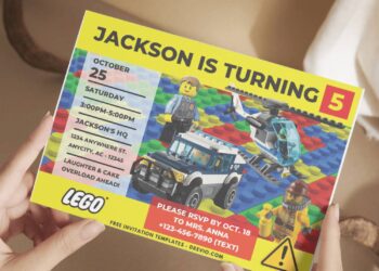 (Free PDF Invitation) Lego Block Birthday Invitation with Lego block background