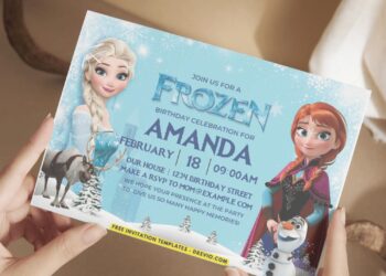 Snowfall Disney Frozen Birthday Invitation with Blue Winter background