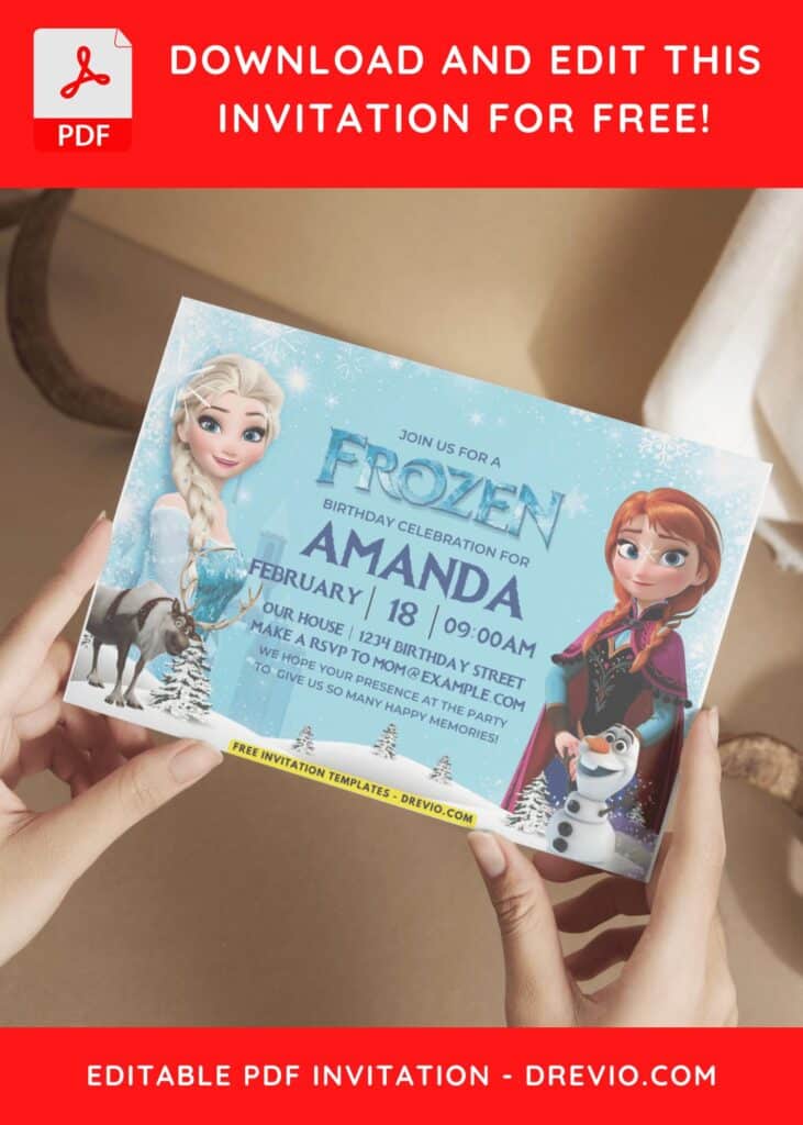 Snowfall Disney Frozen Birthday Invitation with Blue Winter background