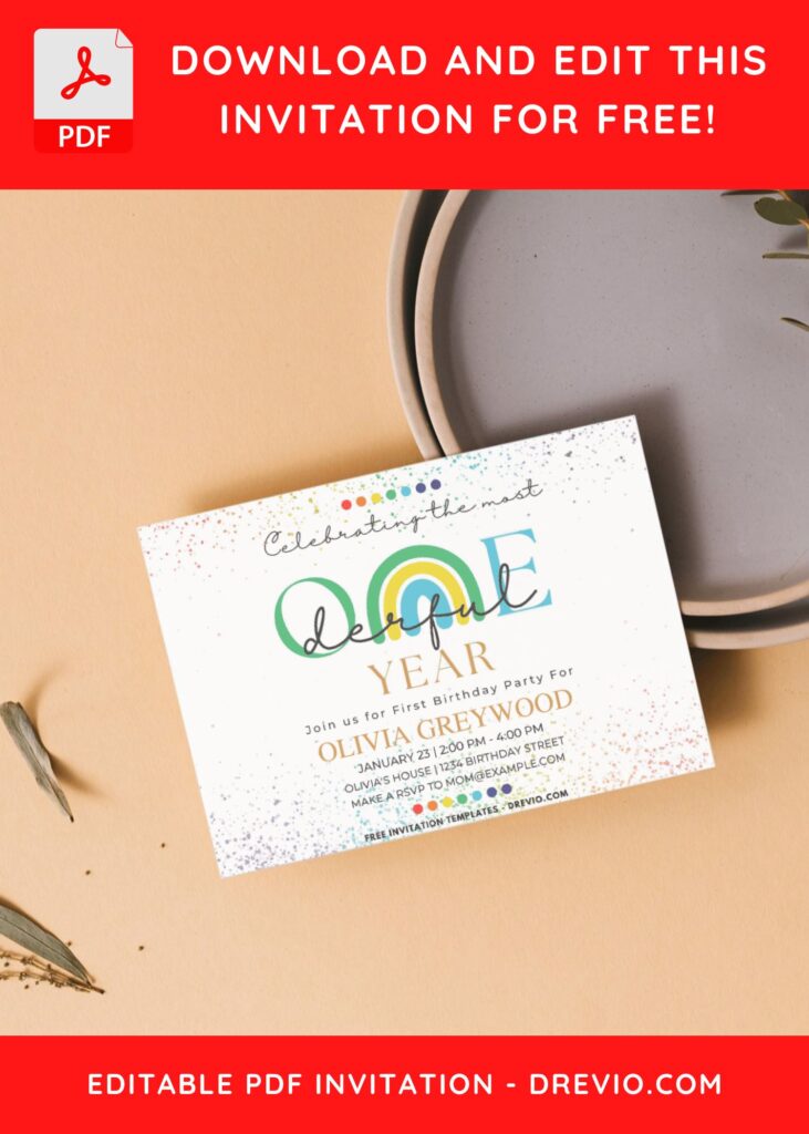 Adorable Rainbow ONEDERFUL First Birthday Invitation