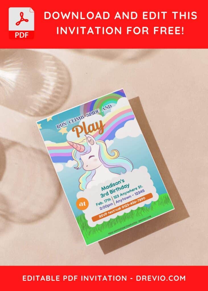 Rainbow Cloud Unicorn Birthday Invitation with editable text