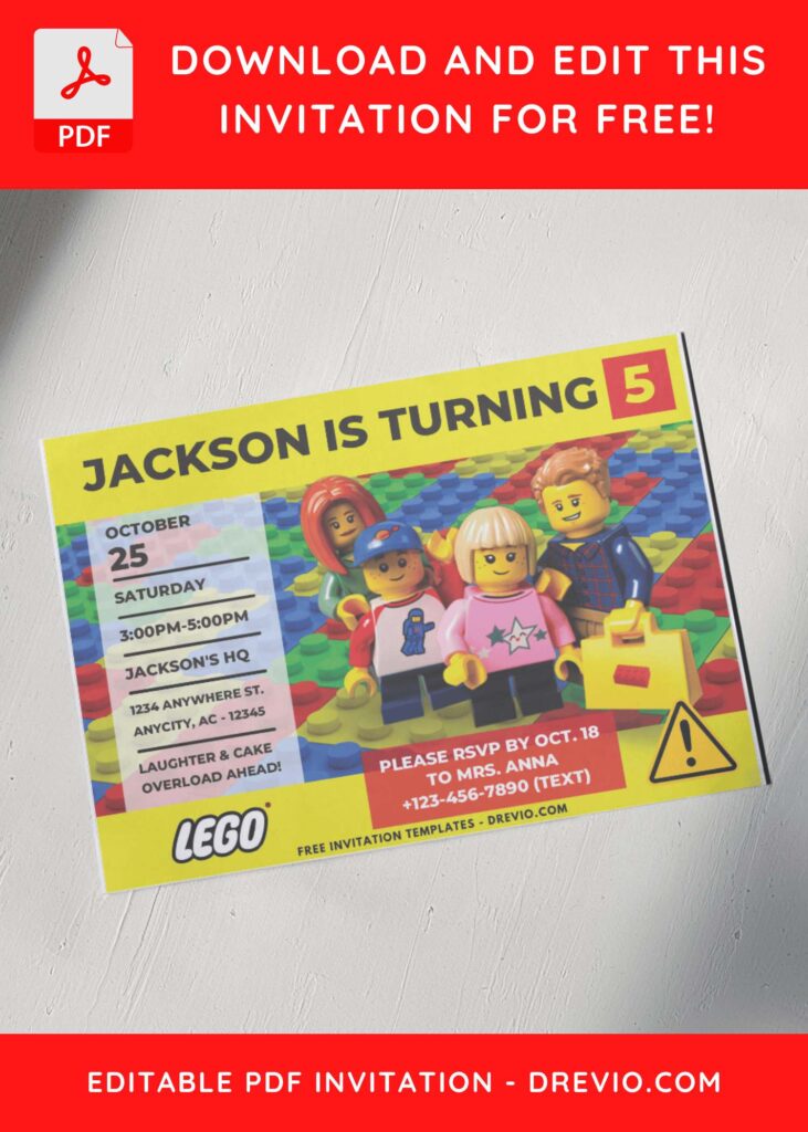 (Free PDF Invitation) Lego Block Birthday Invitation with Lego action figure