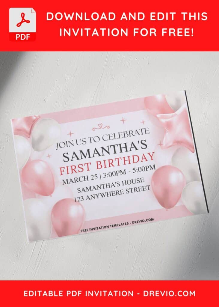 Pastel Pink Balloons Birthday Invitation with landscape orientation