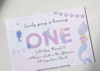 Purple And Pink Mermaid Birthday Invitation with baby seahorse