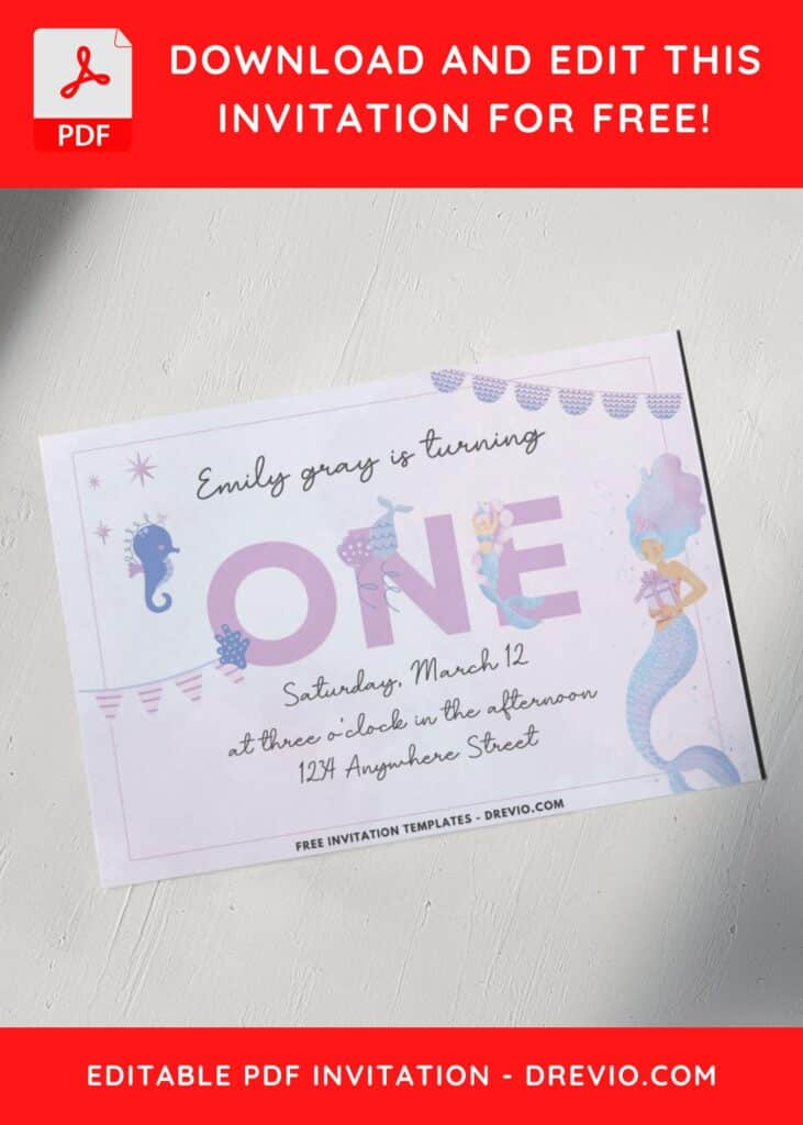 Purple And Pink Mermaid Birthday Invitation with baby seahorse