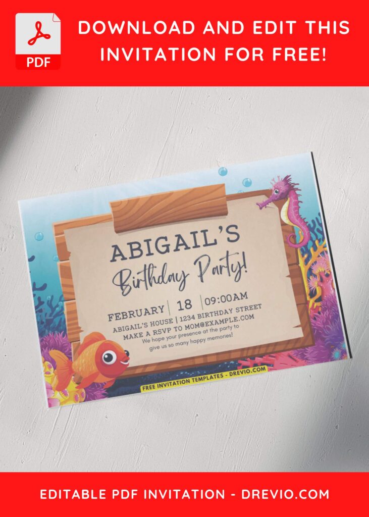 Under The Sea Theme Birthday Invitation with adorable Seahorse