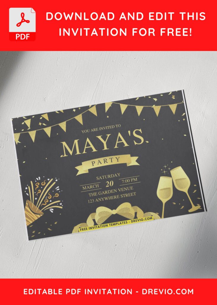 Shimmering Gold Confetti Birthday Invitation with Gold Wine Glasses