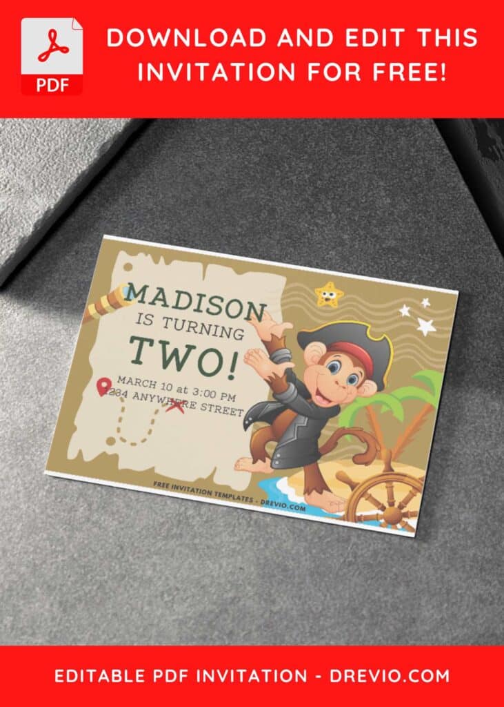 Cute Little Monkey Pirate Birthday Invitation