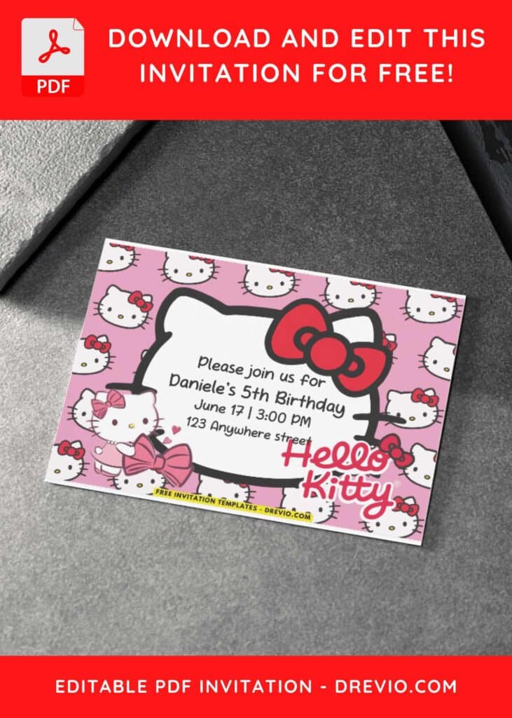 Girly Pink Hello Kitty Birthday Invitation with Hello kitty holding pink ribbon