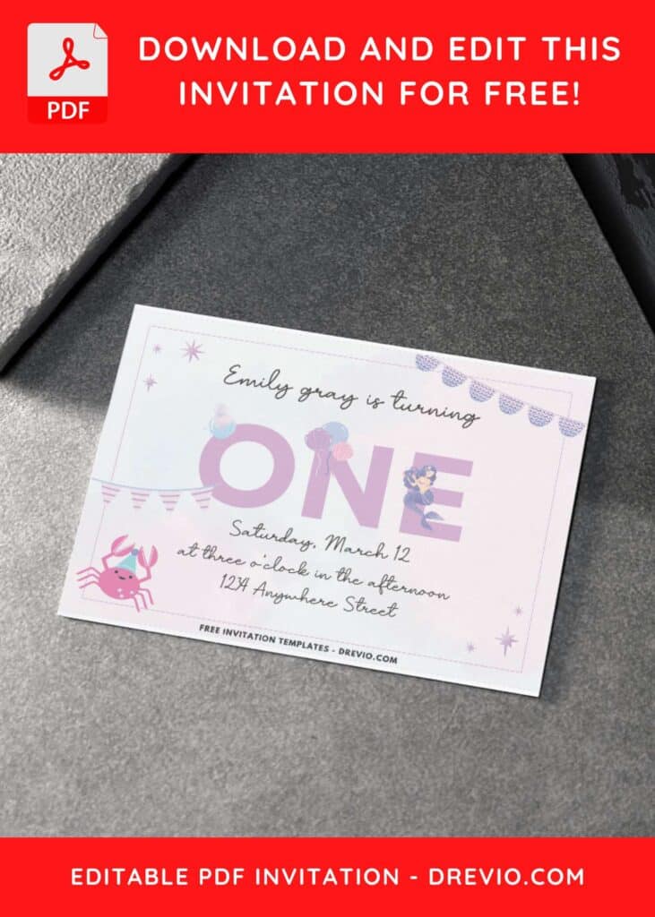 Purple And Pink Mermaid Birthday Invitation with cute crab