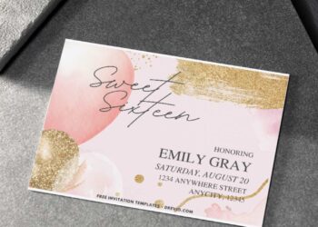 (Free PDF Invitation) Glitter Balloon Sweet 16 Birthday Invitation