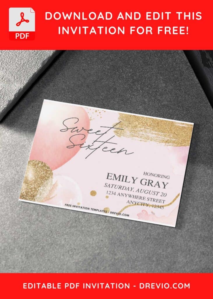 Gold Glitter Balloon and brushstrokes Sweet 16 Birthday Invitation