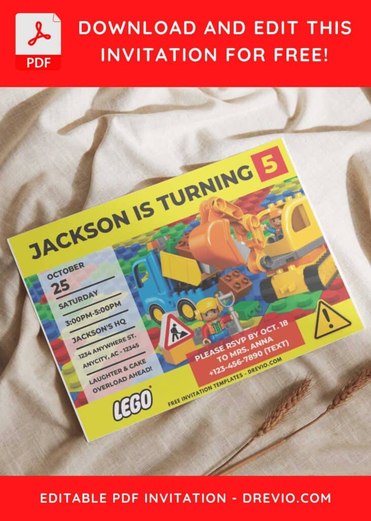 (Free PDF Invitation) Lego Block Birthday Invitation with Lego Crane