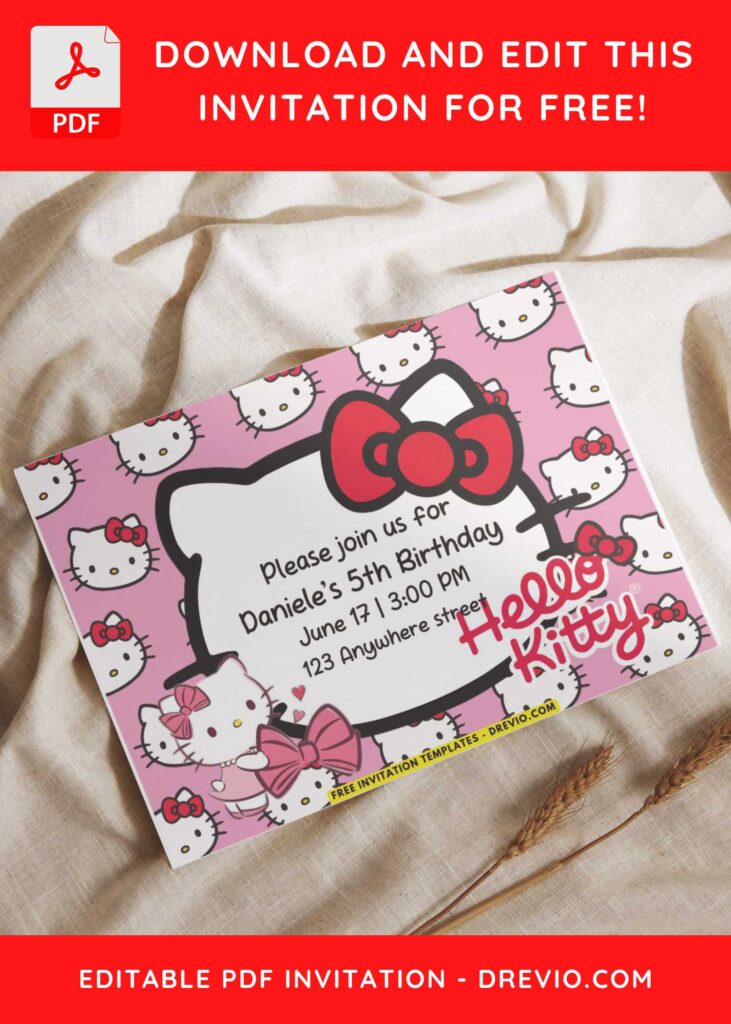 Hello Kitty Birthday Invitation with Hello kitty holding pink ribbon