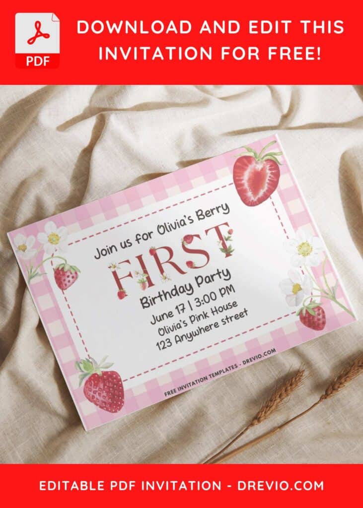 Strawberry Invitation with gingham background