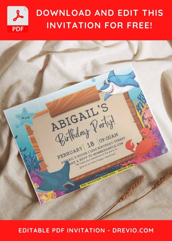 Under The Sea Theme Birthday Invitation with cute cartoon shark