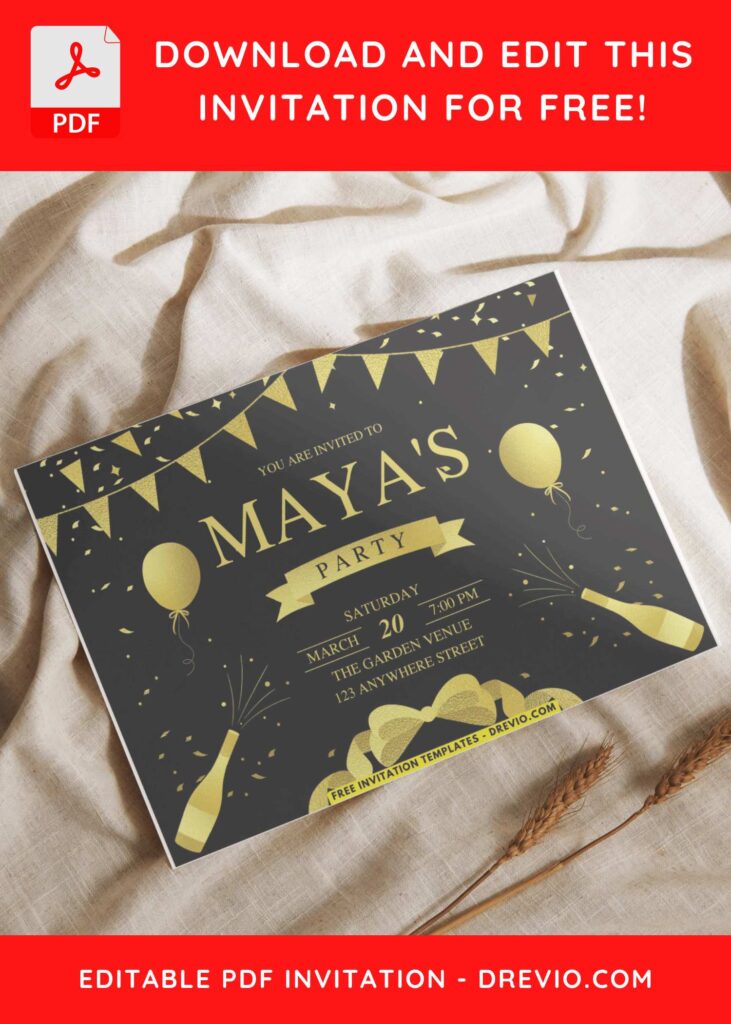 Shimmering Gold Confetti Birthday Invitation with black background