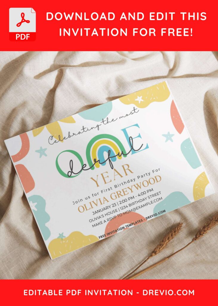 Cute Rainbow ONEDERFUL First Birthday Invitation