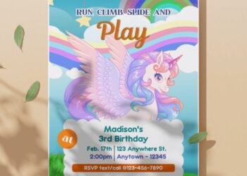 Rainbow Cloud Unicorn Birthday Invitation with rainbow span accross