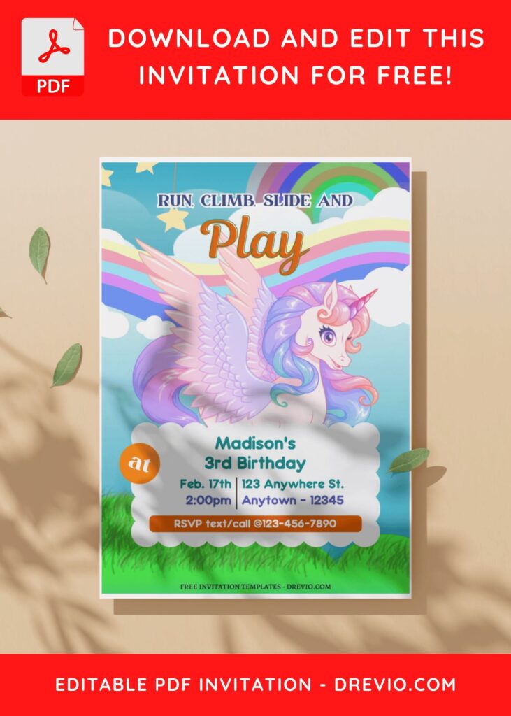 Rainbow Cloud Unicorn Birthday Invitation with rainbow span accross