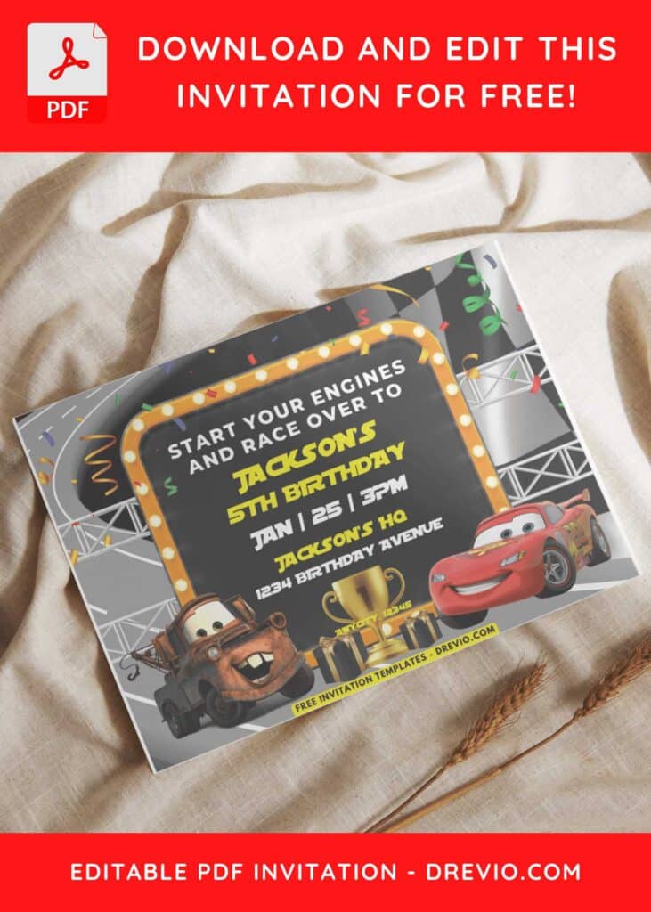 Pixar Cars Invitation With Neon Light Frame