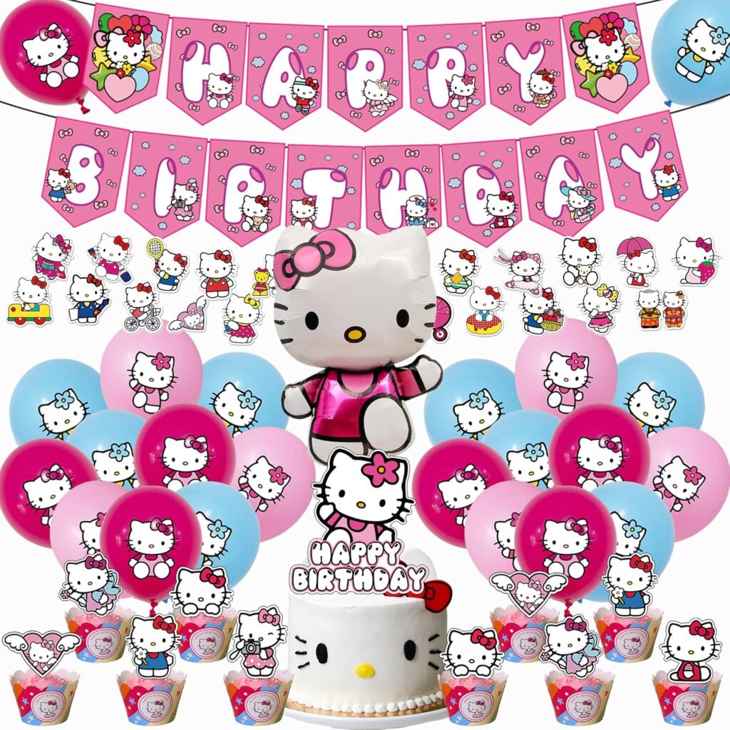 Hello Kitty Party Supply with Paper plates, bunting flags, paper cups and inflatable Hello Kitty