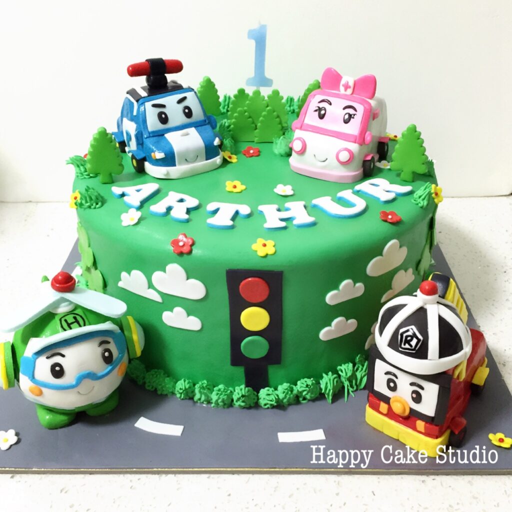 Robocar Poli Cake with edible Poli, Roy, Amber And Helly Figurines