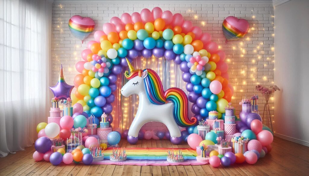 Colorful Rainbow Unicorn Balloon Arch with Inflatable Unicorn