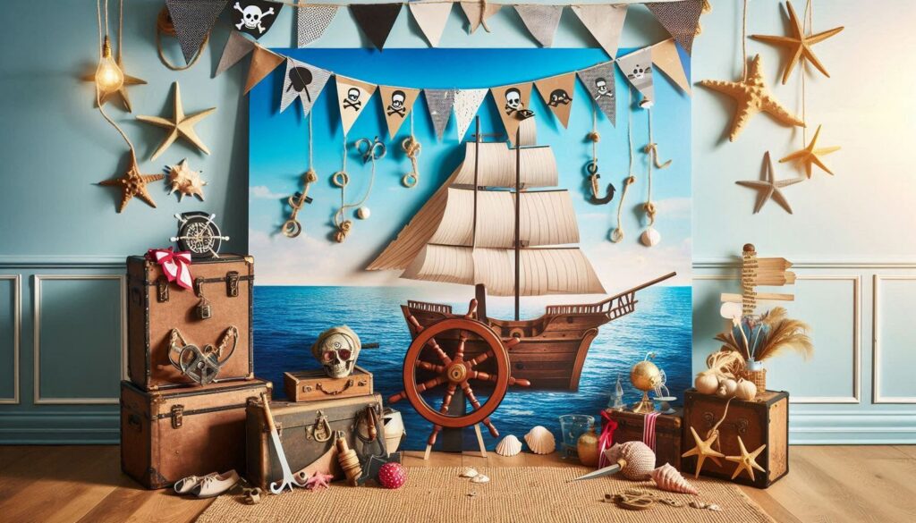 Pirate Birthday Party Photobooth with Sail boat and bunting flags