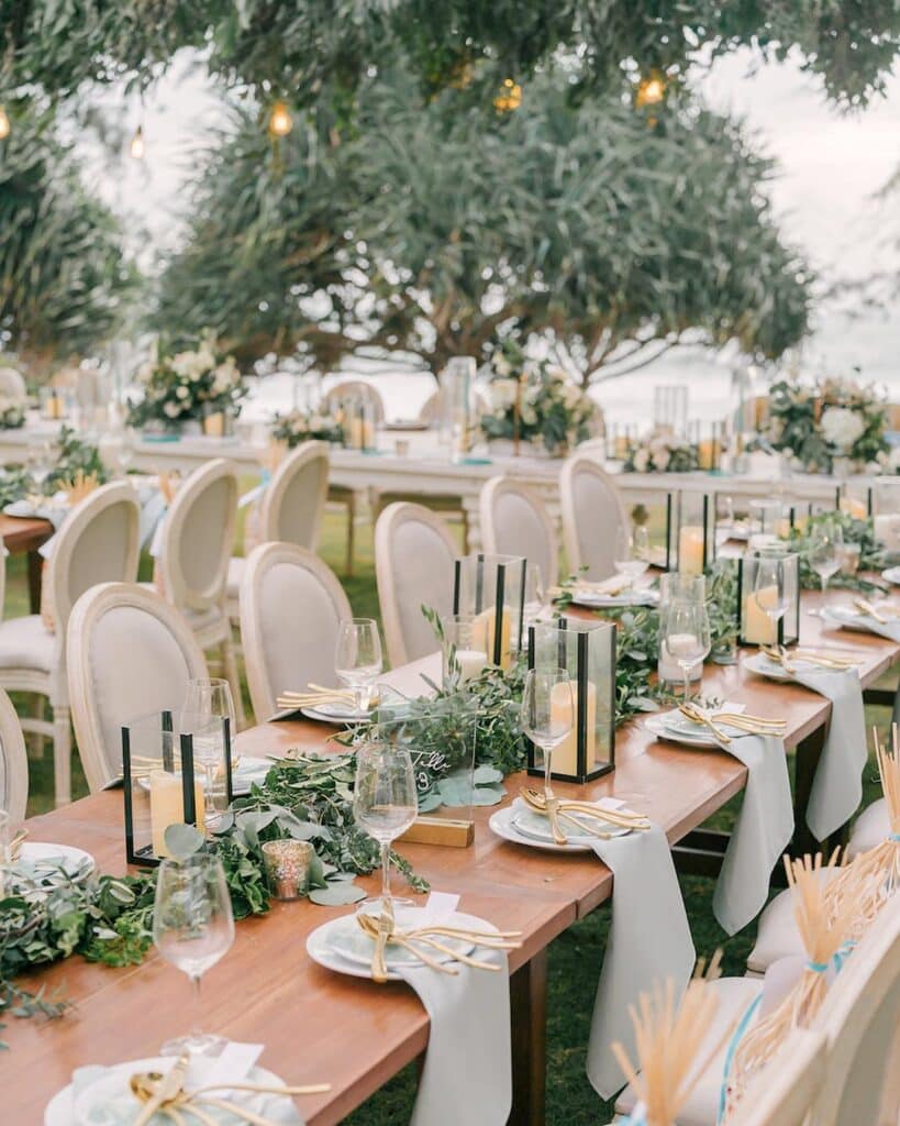 Rustic Botanical Floral Table Decor with White Plate and gold cutlery