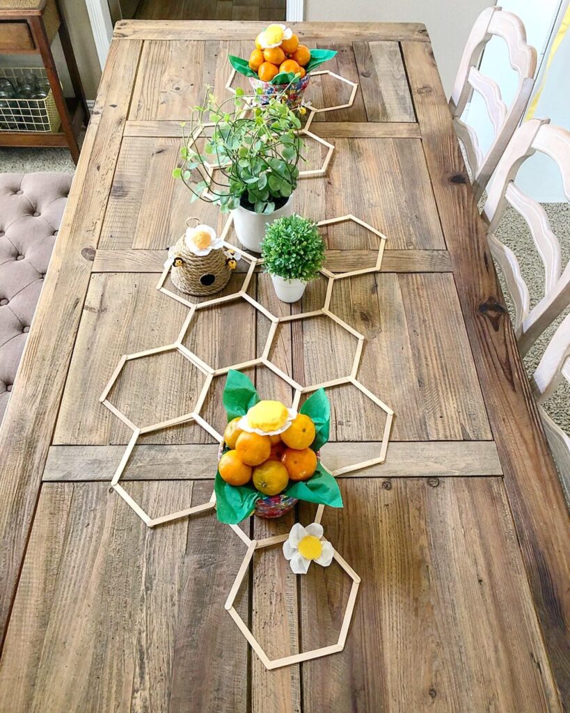 DIY Wooden Honeycomb Centerpiece sitting on wooden table