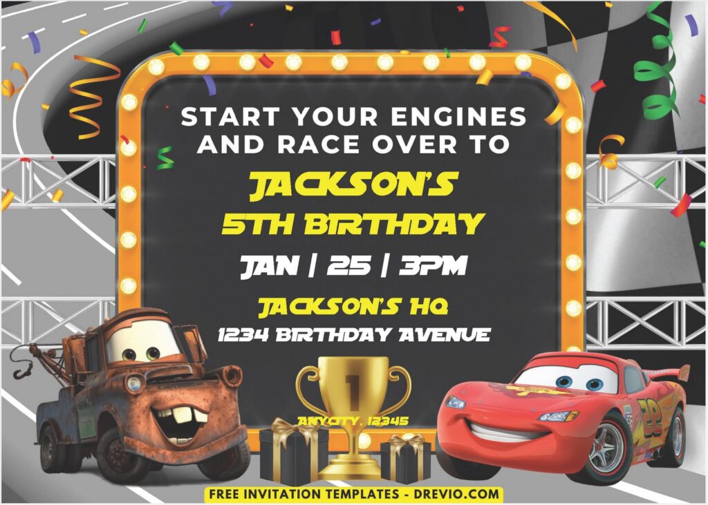 Pixar Cars Invitation With Gold Trophy