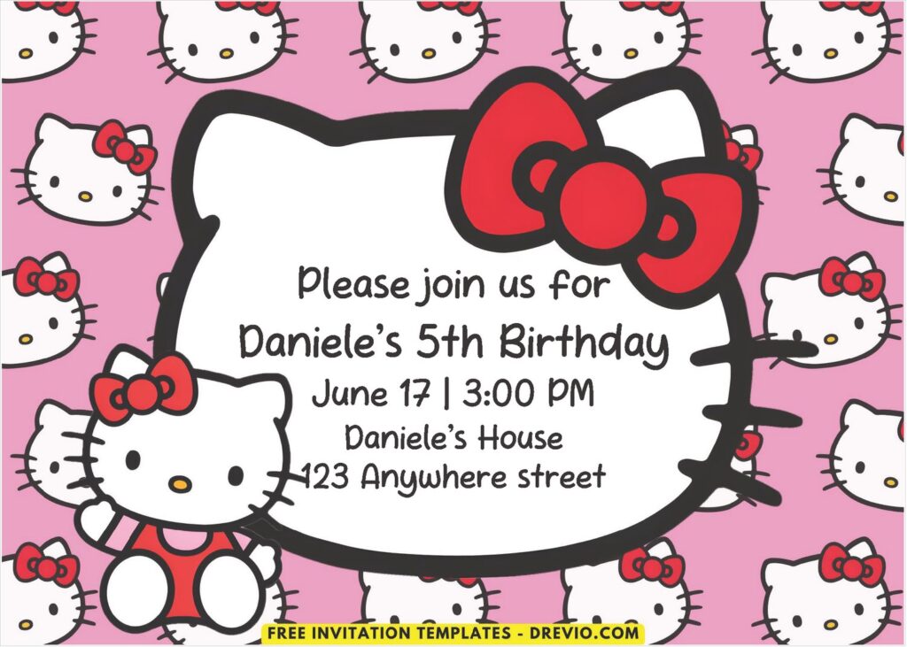 Hello Kitty Birthday Invitation with Red Ribbon Hello Kitty Head